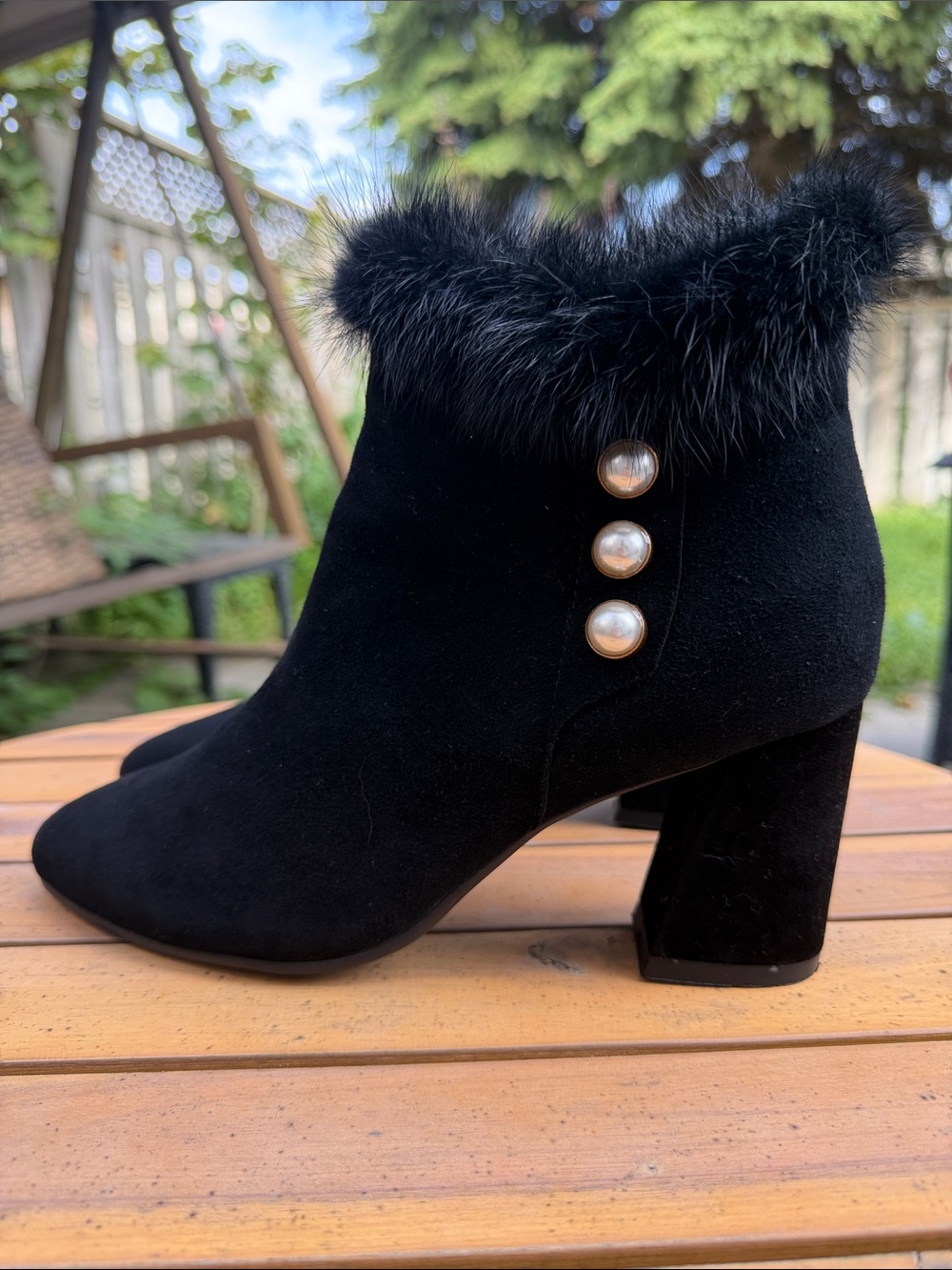 Black Suede Real Fur Trim Ankle Boots Pearl Button Block Heel Size 8